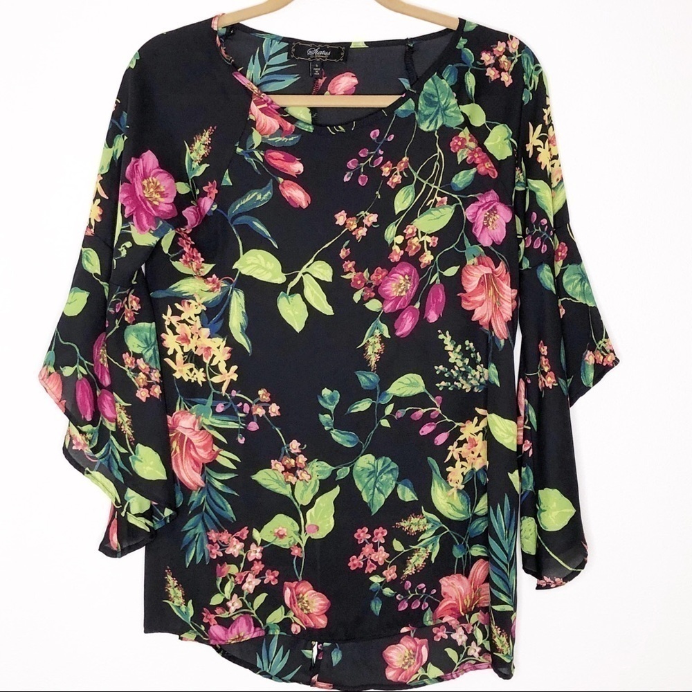 Status Floral Chiffon Blouse Black Multi Flowy Bell Sleeves Size Small